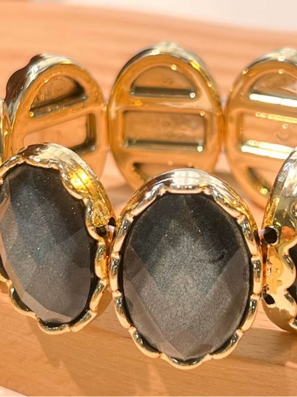 Gold Bracelet with Black Faceted Stones - Women Jewelry